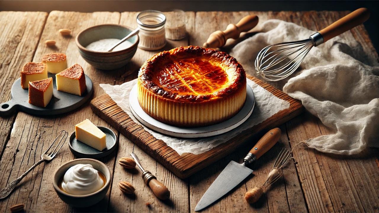 A beautifully styled Basque cheesecake with a caramelized golden brown top and creamy interior, placed on a rustic wooden table. Baking tools like a whisk, parchment paper, and a small bowl of cream cheese are artfully arranged around the cheesecake, illuminated by soft, natural lighting for a cozy and inviting atmosphere.