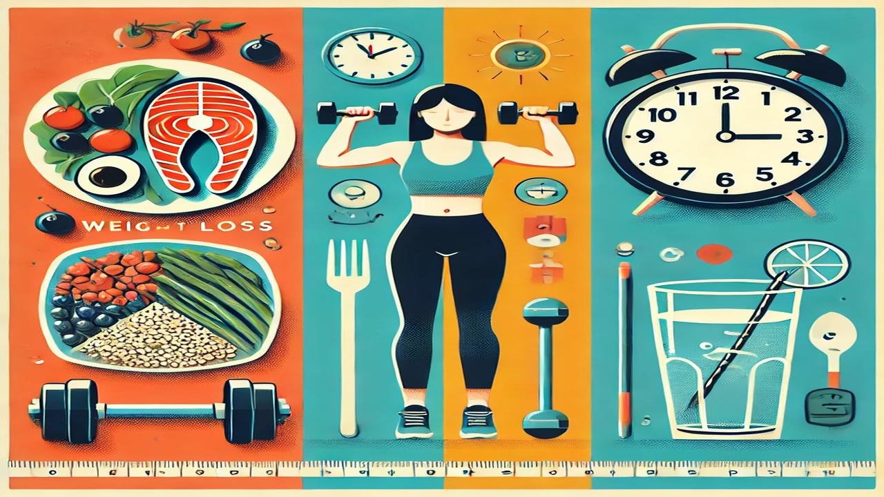 A motivational image showing effective weight loss tips: balanced meals, exercise with dumbbells, a glass of water for hydration, and a clock representing proper sleep.