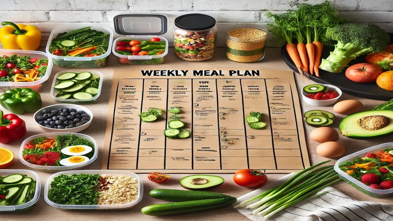 An organized meal planning setup with a weekly meal plan chart displayed on a wooden kitchen countertop. Fresh ingredients like leafy greens, eggs, quinoa, colorful fruits, and vegetables surround the chart. Meal prep containers are neatly arranged, creating an inspiring and healthy visual for meal planning." This image is perfect to complement your blog post on meal planning! Let me know if you'd like additional adjustments or a different design. 😊