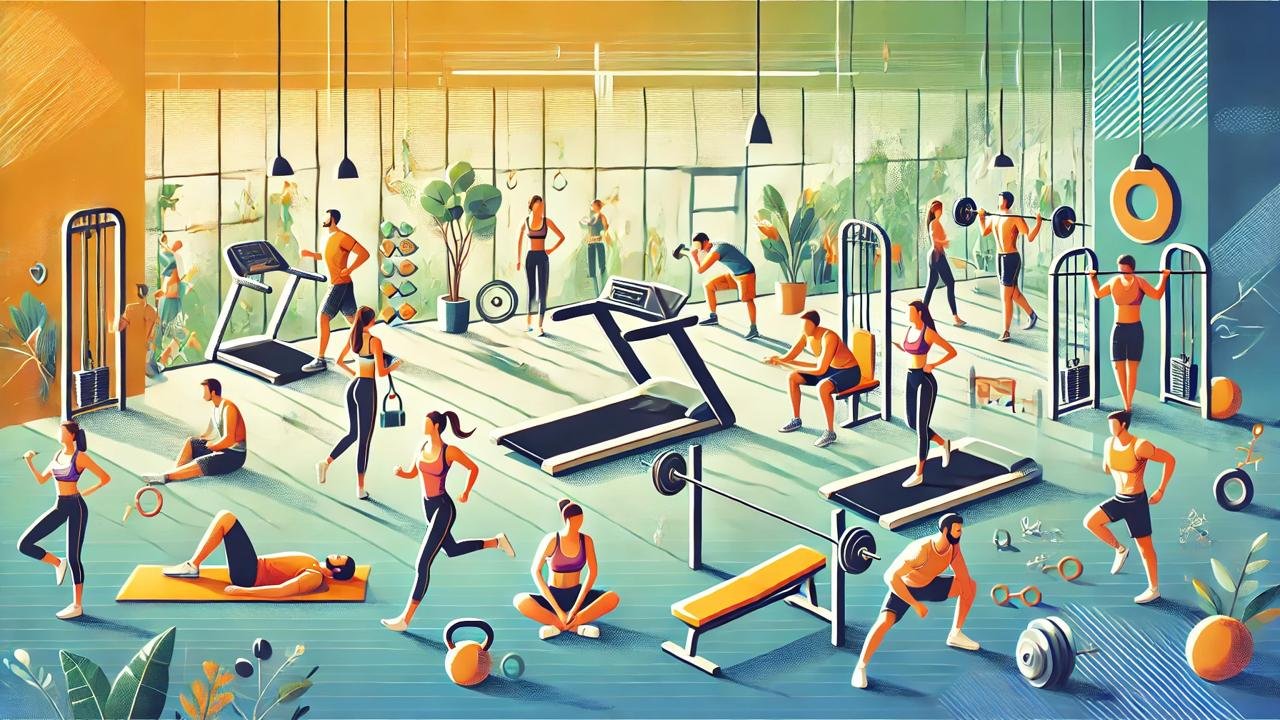 Workout guide with tips for cardio, strength training, HIIT, and flexibility exercises, featuring motivational visuals of fitness routines.