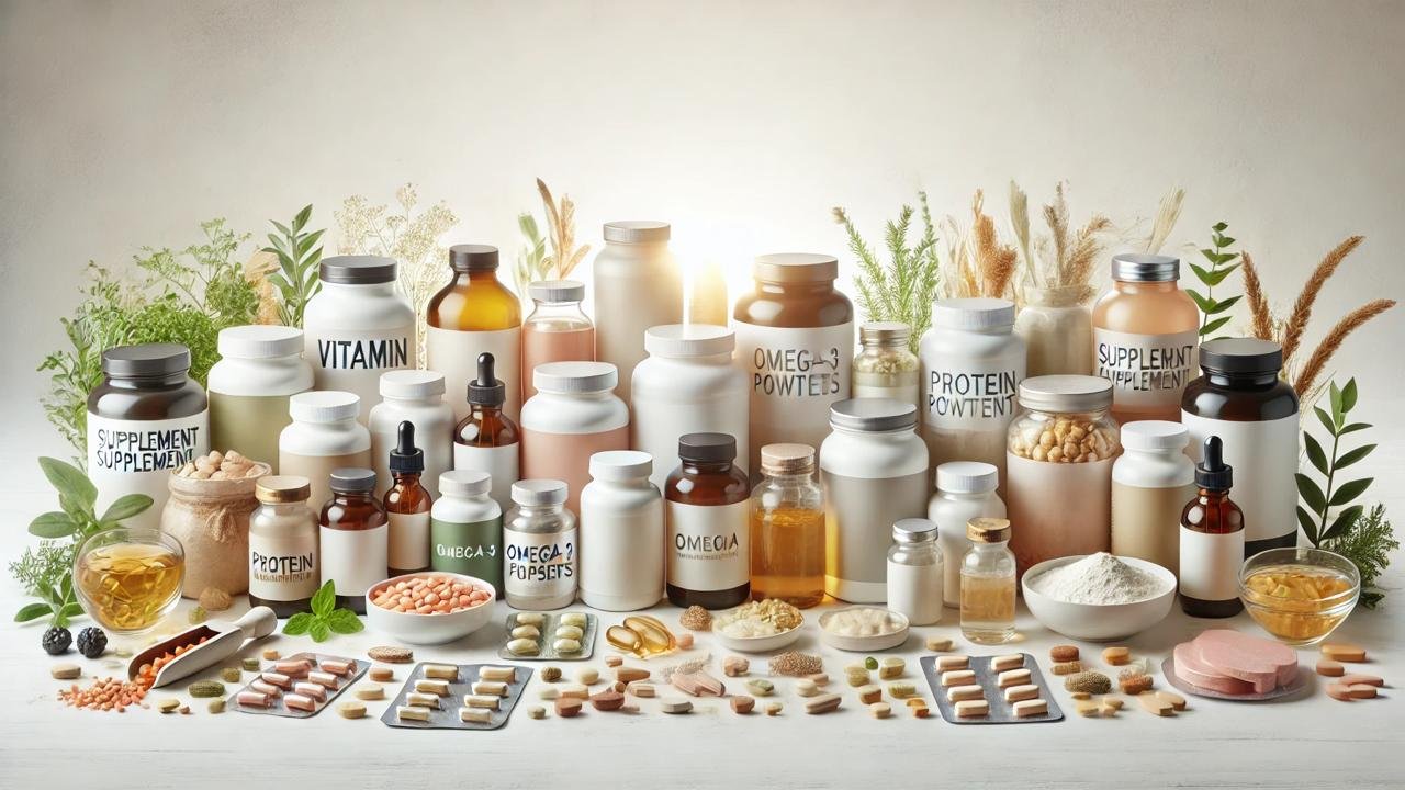 Flat lay of supplement products including vitamins, omega-3 capsules, protein powders, herbal supplements, and probiotics on a white background.